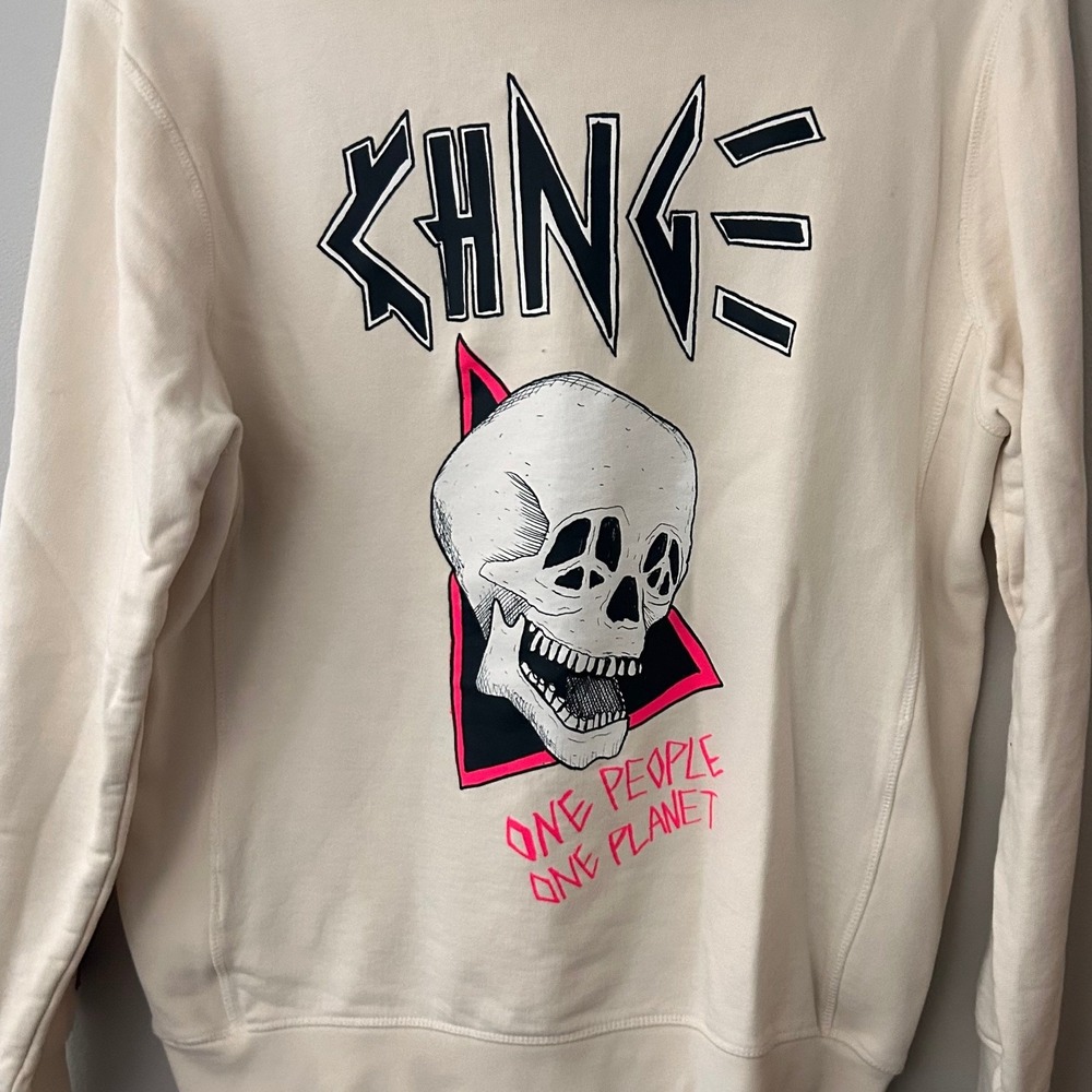 CHNGE Hoodie Mens M Cream Skull Graphic Organic Cotton Streetwear‎ Sweatshirt